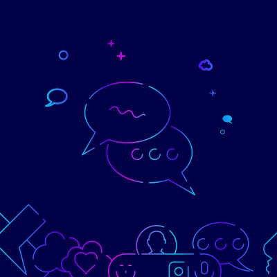 聊天气泡矢量线图标，插图在一个深蓝色的背景。相关的底部边界