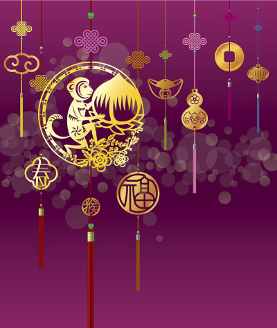 春节猴子背景与金色装饰