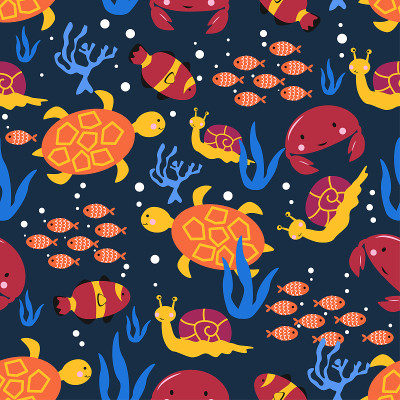 seamless pattern with marine life snail crab turtl
