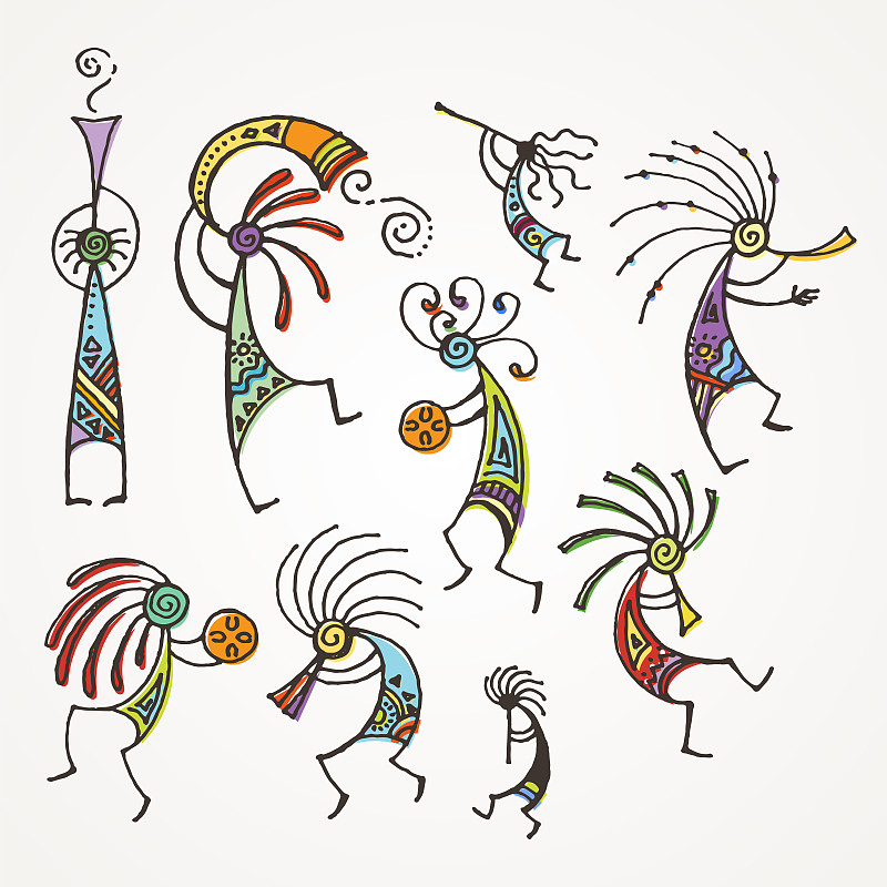 Hand drawn Kokopelli figures. Stylized mythical ch