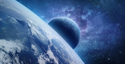 太空深处的行星。地球和卫星。科幻空间墙纸。轨道的行星。这张图片的元素是由美国宇航局提供的。