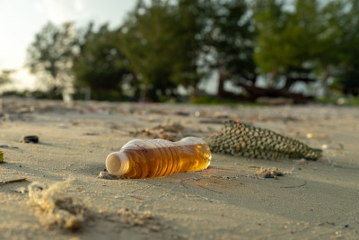 海滩上的垃圾。肮脏的海珊蒂。垃圾在海滩。塑料瓶子。爱这个世界。污染海滩和海洋