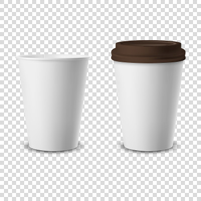 矢量3d现实一次性打开和关闭的盖子纸，塑料咖啡杯的饮料图标设置特写孤立在透明的背景。设计模板模型。前
