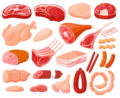 肉类产品。卡通肉店食品，鸡肉，牛排，猪肉，上等肋排，培根片和香肠。新鲜肉类食品载体插图