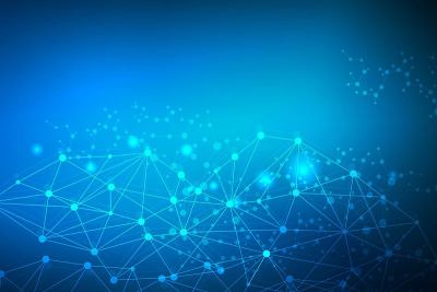 科学网络格局，连接线与点。技术六边形结构或分子连接元件。