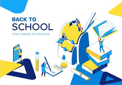 回到学校等距登陆页面，学习人设置，3d学生阅读书籍，图书馆，学习课，班级概念，背包，大学小学生，蓝色