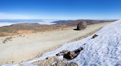 特内里费——泰德山东侧的徒步旅行路线上的熔岩球，上面有一些雪