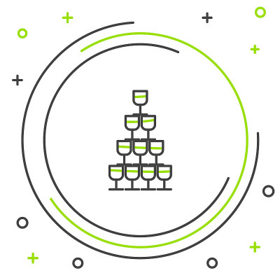 Black and green line Wine glasses stacked in a pyr