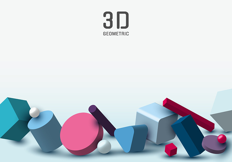 在白色房间背景上的3D现实几何组对象装饰集