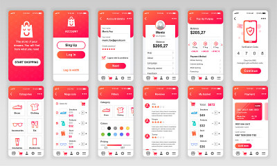 一套UI, UX, GUI屏幕购物应用平面设计模板的手机应用