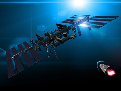 “龙”号宇宙飞船正在接近国际空间站对接。太空探索。近地轨道和地球视图