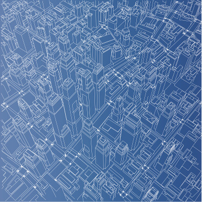 线框城市，蓝图风格，3D渲染矢量插图