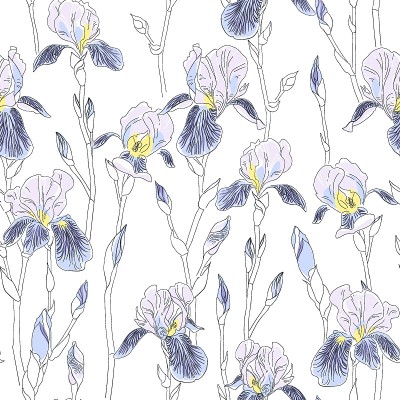 鸢尾花无缝图案。精致柔和的颜色。手绘自然画。矢量图