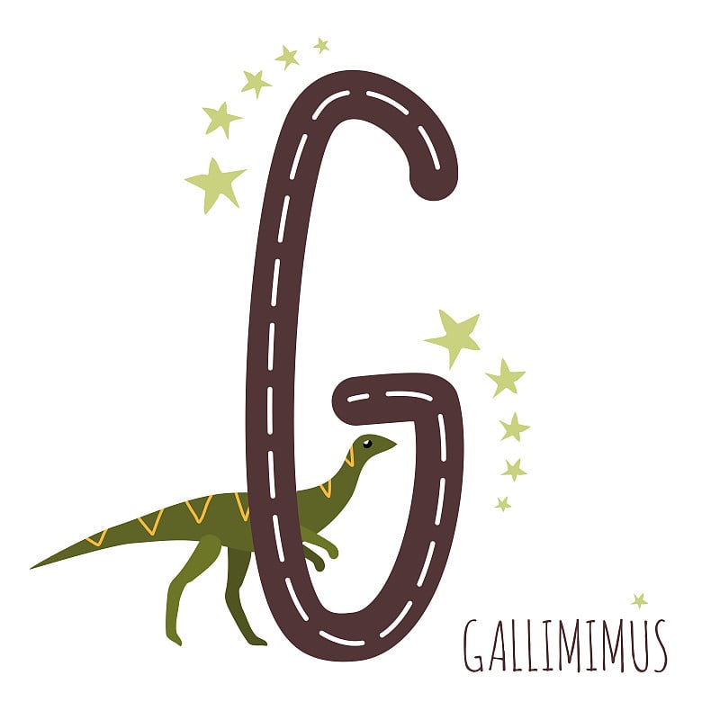 Gallimimus。字母G和爬行动物的名字。手绘可爱的杂食性恐龙。教育史前插图。恐龙字母表。素描侏