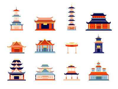 亚洲风格的建筑。中国的庙宇建筑，传统的宝塔建筑。韩国，日本东方之家。古代地标绝对向量集