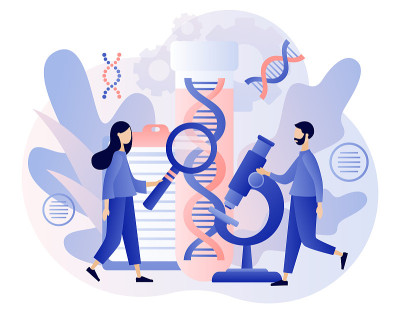 DNA遗传科学。微型科学家在实验室用显微镜研究、诊断和测试DNA。实验室设备。现代扁平卡通风格。矢量