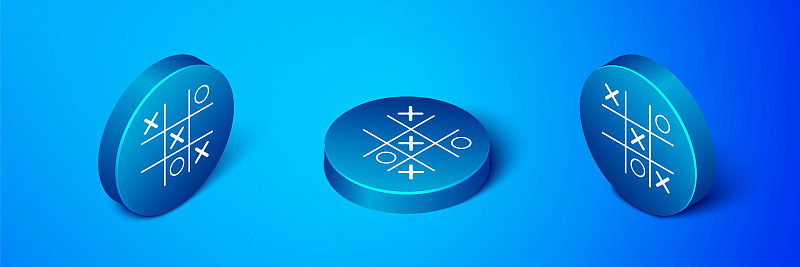 等距的tac - toe游戏图标孤立在蓝色背景。蓝色圆按钮。向量
