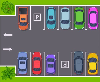停车场俯视图。街道上有汽车，车站上有很多汽车。城市道路，交通概念。现代城市户外项目，准确的矢量概念