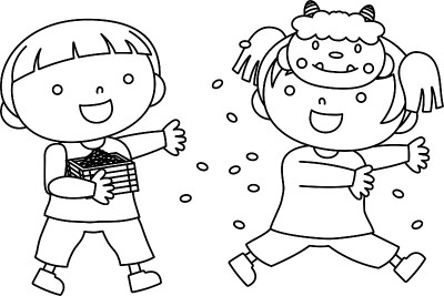 Children throwing dried soy beans outline