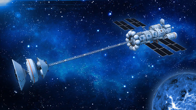Spaceship with solar panels in deep space, UFO spa