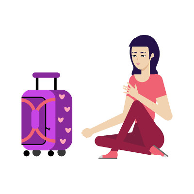 矢量扁女游客旅行袋手提箱