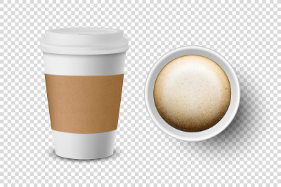 矢量3d现实一次性打开的纸，塑料咖啡杯的饮料图标设置特写孤立在透明的背景。设计模板模型。顶视图和前视
