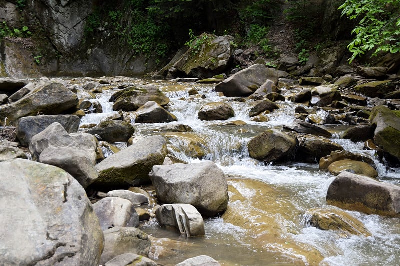 罗马尼亚布扎乌山脉卡索卡河的风景。一条美丽的野生河流，在山林中。