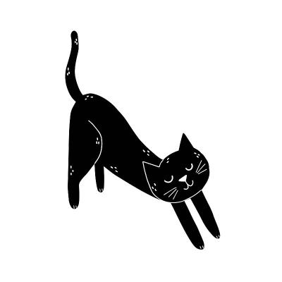 黑猫在拉伸孤立元素。卡通风格的可爱的猫角色