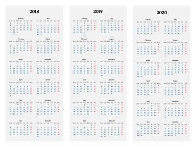 日历为2018年，2019年，2020年的白色背景矢量