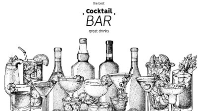 含酒精的鸡尾酒草图。手绘矢量插图。手绘饮料插图。鸡尾酒。菜单的设计元素。