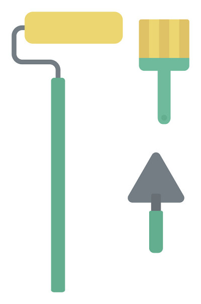 Spatula, paint roller and brush