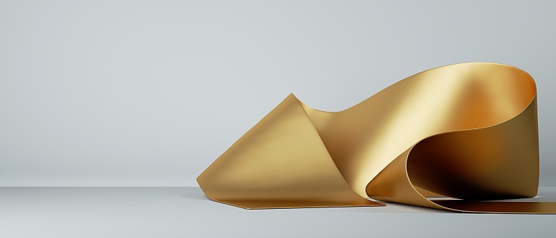 3d渲染，抽象时尚背景与折叠的金色丝带，纸条纹宏观，金箔滚动