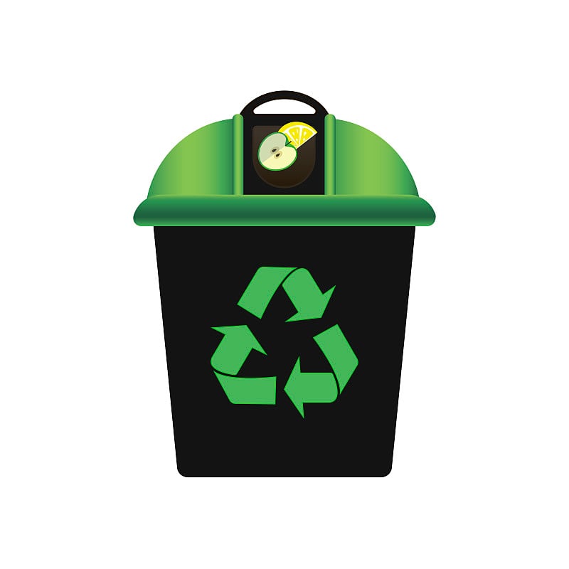 Recycling bin with green lid for waste products. R