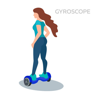 Gyroscooter。年轻女子骑着旋转滑板车。现代设备hoverboard。电动城市摩托车个人交通