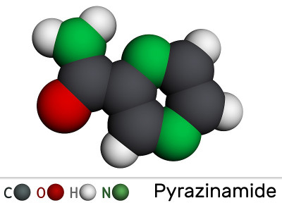 吡嗪酰胺分子。它是抗结核药物，是结核病治疗的一个组成部分。分子模型。三维渲染