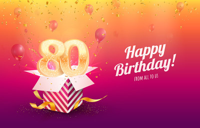 庆祝80岁生日矢量插图。八十周年庆典背景。成人出生一天。打开装有飞行假日号码的礼品盒