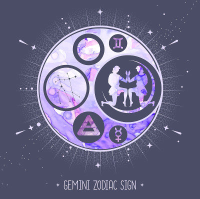 现代魔术魔术卡与双子星座星座。酒精墨水背景。星座的特点