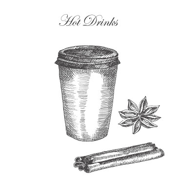 矢量手绘墨水素描咖啡，肉桂，茴芹。详细的