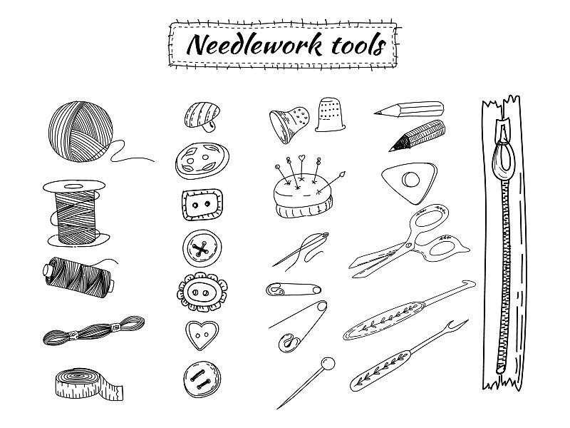 缝纫和针线活用工具和附件。剪刀、麻花、钮扣、针、大头针、线和线轴。手绘矢量涂鸦插图。