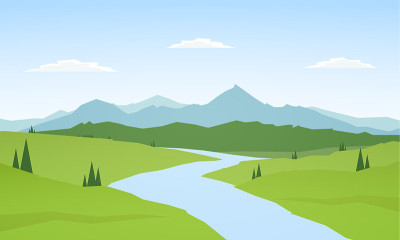 矢量插图:夏季山脉景观与河流前景。