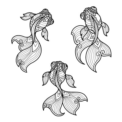 禅宗涂鸦金鱼图案纠结成人着色页，插图ztangle风格。
