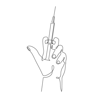 手持注射器，单线画，连续轮廓，手绘。冠状病毒疫苗接种、保健注射、治疗、预防措施。医学概念,注入剂量。
