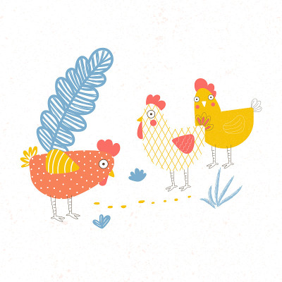 Illustration of three poultry. Chicken on the farm