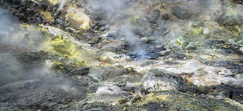 俄罗斯千岛群岛伊图鲁普岛的火山活动、硫磺喷火山口和热气。