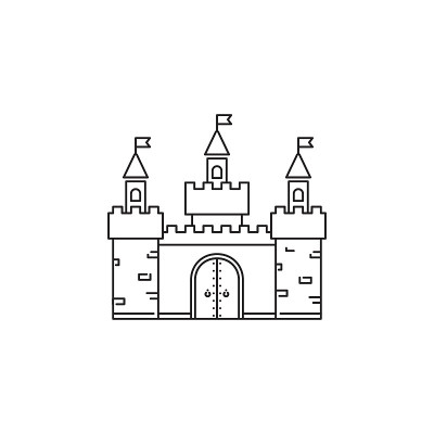 城堡图标向量线性设计孤立的白色背景。公园标志模板，元素为游乐园，线图标对象
