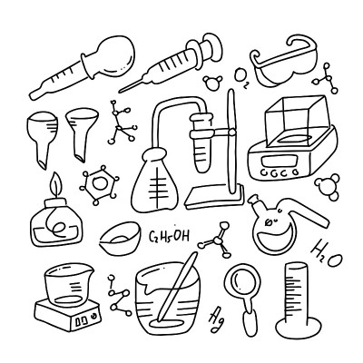 一套6个化学试管，烧瓶，不同形状的矢量草图。教育和科学孤立插图细黑线涂鸦风格与装饰。收集手绘灯泡