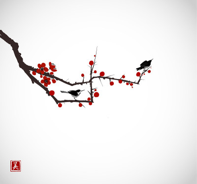 Two little birds on sakura branch. Traditional ori