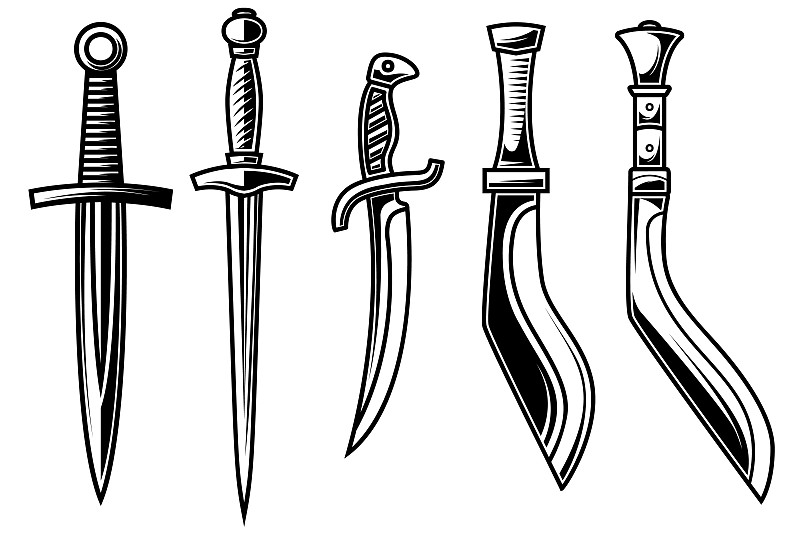 一套刻字风格的匕首插图。商标、会徽、标识的设计元素。矢量图