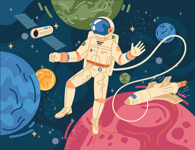 宇航员科学英雄宇航员在宇宙的背景彩色卡通行星。身穿宇航服和头盔的矢量天文探险家，探索星系宇宙、宇宙飞