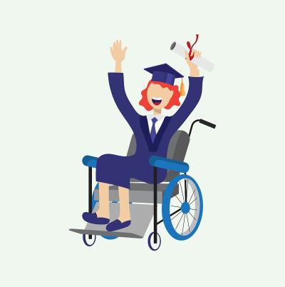 一个坐在轮椅上的女孩很高兴收到一张文凭。矢量插图在平面风格。